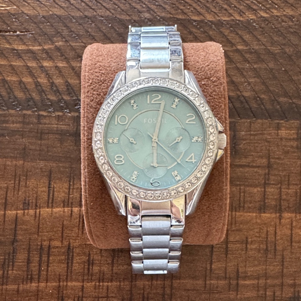 Fossil Silver Watch with Light Blue Face and Crystal Bezel